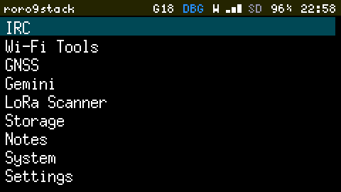 The Cardputer's Launcher at 2x, listing IRC, Wi-Fi Tools, GNSS, Gemini, LoRa Scanner, Storage, Notes, System and Settings. The Status Bar shows DBG in blue between the GNSS and Wi-Fi indicators.