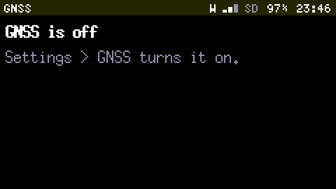 The GNSS App with GNSS off: GNSS is off, and under it, Settings > GNSS turns it on. The Status Bar has no G mark