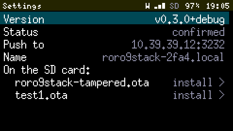 The Cardputer's Settings, Firmware page, at 2x: Version v0.3.0+debug, Status confirmed, Push to 10.39.39.12:3232, Name roro9stack-2fa4.local, then On the SD card: roro9stack-tampered.ota and test1.ota, each with install on the right