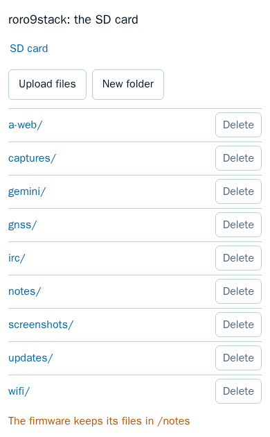 The page in a browser at a phone's width: roro9stack: the SD card, a link SD card, buttons Upload files and New folder, then rows a-web, captures, gemini, gnss, irc, notes, screenshots, updates and wifi, each with a Delete button. Below, in orange: The firmware keeps its files in /notes.