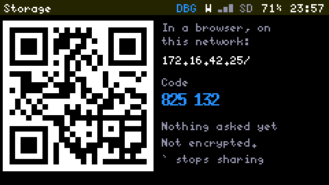 The Cardputer's screen at 2x: a large QR code on the left; on the right, In a browser, on this network: 172.16.42.25/, Code 825 132 in large blue digits, Nothing asked yet, Not encrypted, and backtick stops sharing.