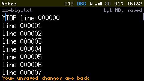 The Cardputer's Notes editor at 2x, showing zz-big.txt, 1.1 MB, saved. The first line reads YTOP line 000000, followed by line 000001 to line 000007. At the bottom, in orange: Your unsaved changes are back.