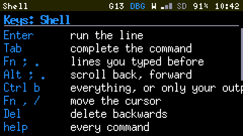 The Cardputer's screen at 2x: a panel titled Keys: Shell, listing Enter run the line, Tab complete the command, Fn semicolon and period lines you typed before, Alt semicolon and period scroll back and forward, Ctrl b, Fn comma and slash move the cursor, Del delete backwards, help every command.
