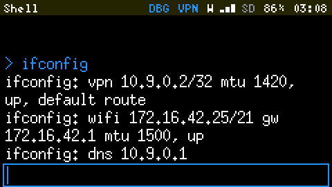 The Shell: ifconfig prints vpn 10.9.0.2/32 mtu 1420, up, default route; wifi 172.16.42.25/21 gw 172.16.42.1 mtu 1500, up; dns 10.9.0.1.
