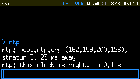 The Shell: ntp prints pool.ntp.org (162.159.200.123), stratum 3, 23 ms away, and this clock is right, to 0.1 s.
