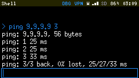 The Shell: ping 9.9.9.9 3 prints 9.9.9.9, 56 bytes, then 1 25 ms, 2 25 ms, 3 33 ms, and 3/3 back, 0% lost, 25/27/33 ms.