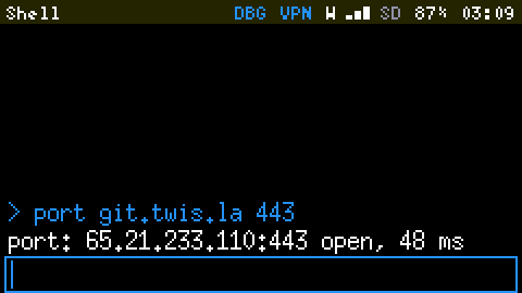 The Shell: port git.twis.la 443 prints 65.21.233.110:443 open, 48 ms.