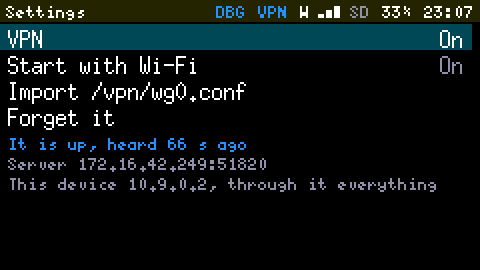 The Cardputer's Settings, VPN page at 2x: VPN On, Start with Wi-Fi On, Import /vpn/wg0.conf, Forget it; then in blue It is up, heard 66 s ago, and in grey the server's address and This device 10.9.0.2, through it everything. The Status Bar shows VPN in blue.