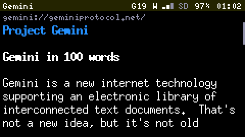 The Gemini App on the page Project Gemini at geminiprotocol.net: a heading, then the start of the text, Gemini in 100 words
