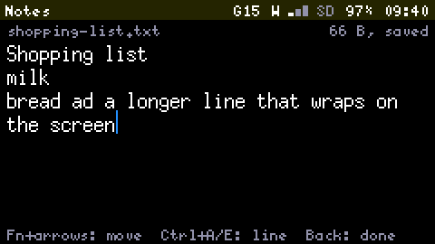 The Notes editor on shopping-list.txt, 66 bytes, saved: Shopping list, milk, and a longer line that wraps on the screen