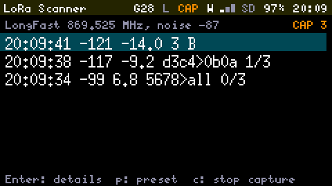 The LoRa Scanner's packet list on LongFast 869.525 MHz while a Capture is recording: three packets, each with its time, RSSI, SNR and Meshtastic sender and hops