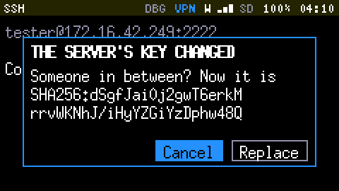 A dialog over the SSH App: THE SERVER'S KEY CHANGED. Someone in between? Now it is, and a SHA256 fingerprint; buttons Cancel, selected, and Replace