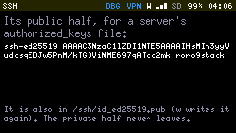 This device's key: its public half, for a server's authorized_keys file, a line starting ssh-ed25519; it is also in /ssh/id_ed25519.pub, and the private half never leaves