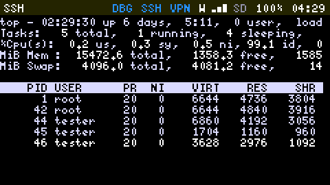 The SSH App's terminal showing top on a remote machine: uptime, tasks, memory, then a reverse-video header and five processes. SSH shows in the Status Bar