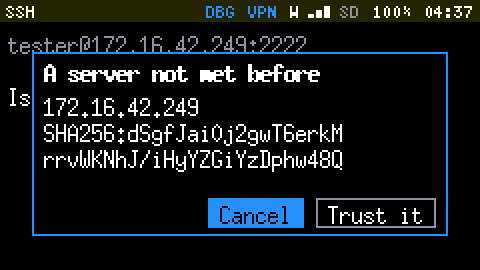 A dialog over the SSH App: A server not met before, the address 172.16.42.249, and a SHA256 fingerprint on two lines; buttons Cancel, selected, and Trust it