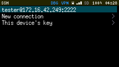 The SSH App's list: a saved host, tester at 172.16.42.249 port 2222, then New connection and This device's key